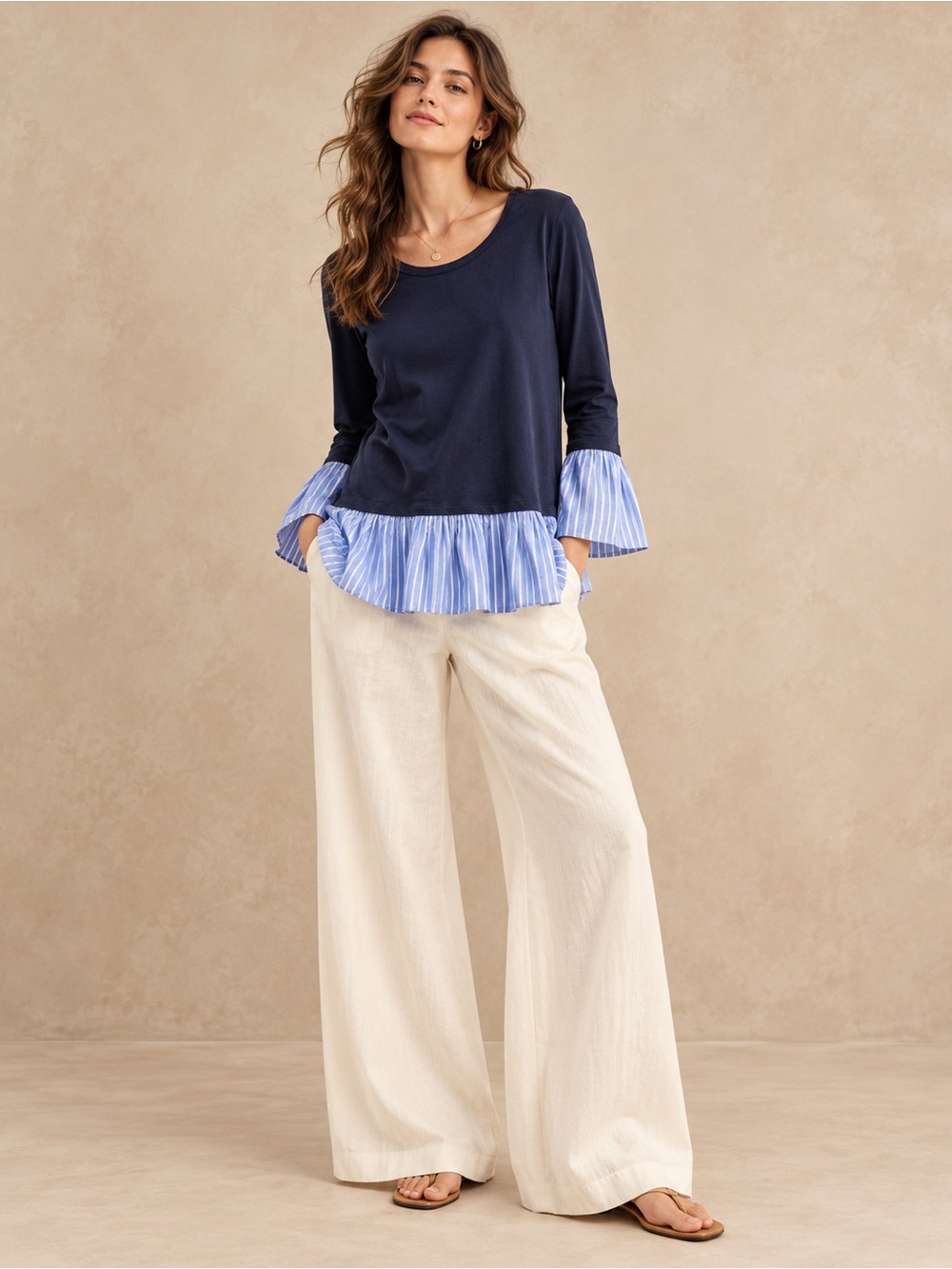 🌺 Clu Too Navy Mixed-Media Ruffle-Hem Top